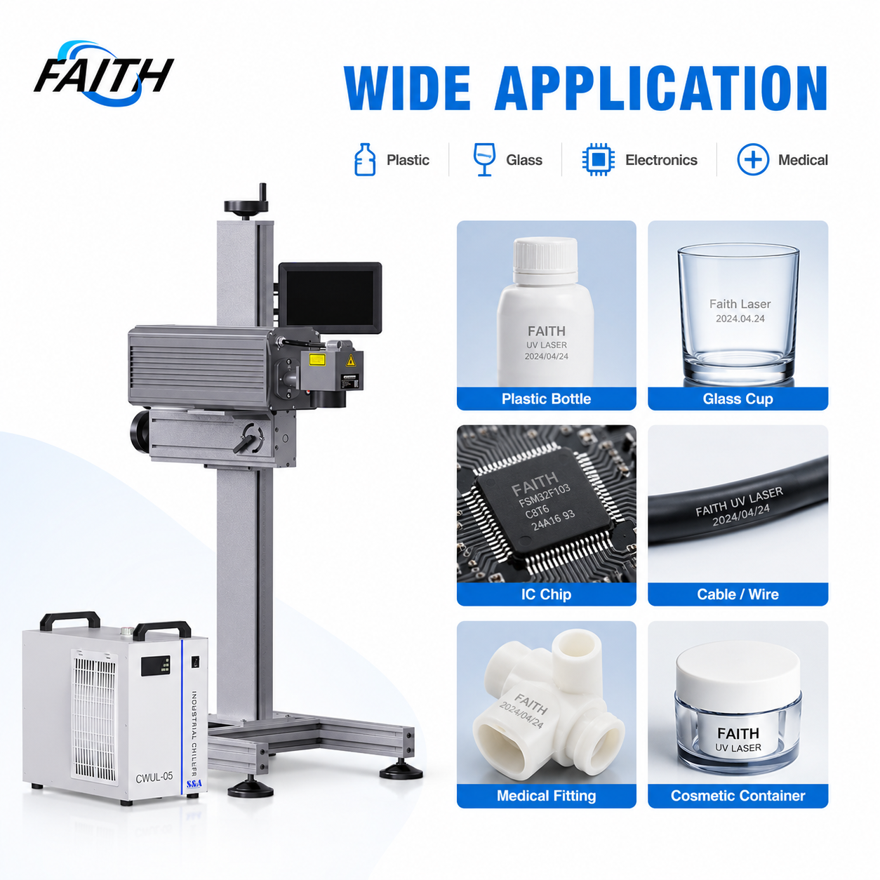 UV Flying Laser Marking Machine for Plastic Bottles, Caps and Food Packaging